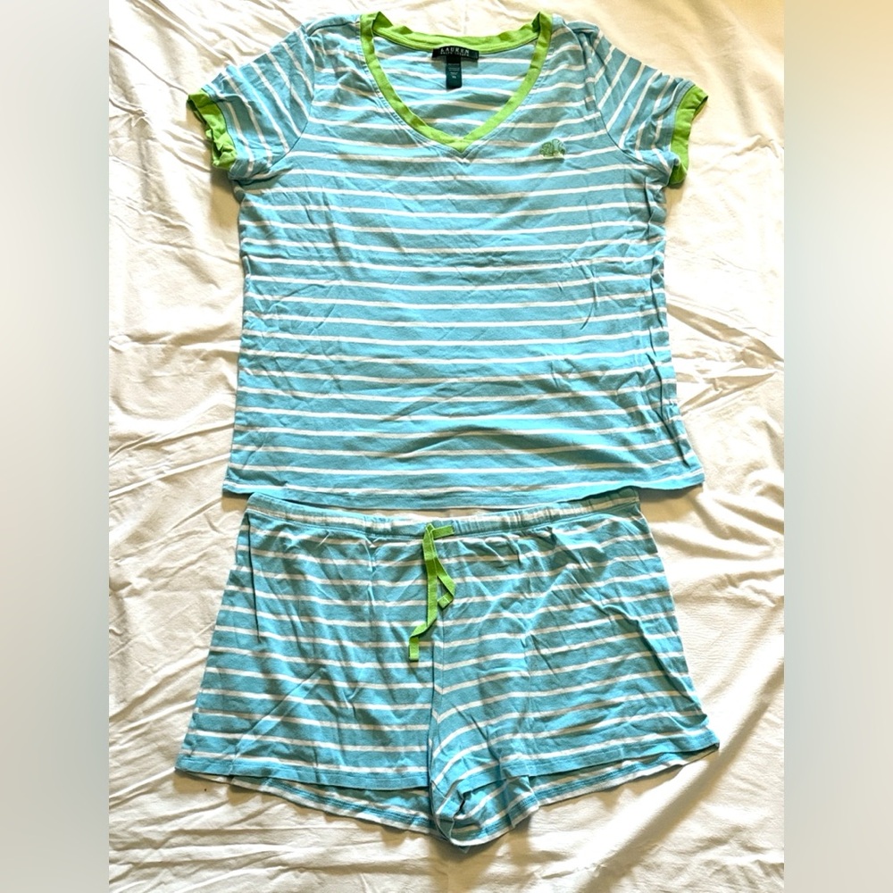 Lauren Ralph Lauren Blue and Green Striped Pajama Set
